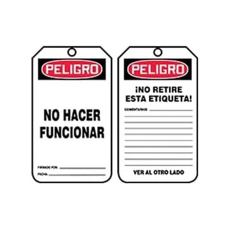 Accuform Spanish Safety Tags, DANGER DO NOT OPERATE, 5.75in x 3.25in, HS-Laminate, 25PK SHMDT189LTP